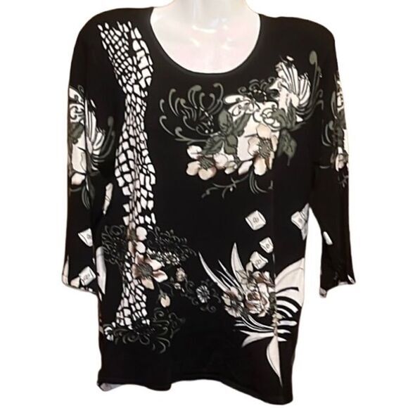 LouLou women’s sweater Size M grandma black pullover floral three quarter sleeve - Picture 1 of 8